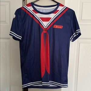 Nautical Blue and Red Short Sleeve Tee with Stripe Details.  Stranger Things